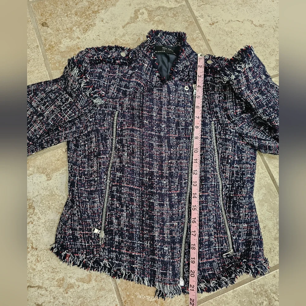 Zara Basic Navy Tweed Moto Jacket M Chanel-Inspired Raw Fringe Investment Piece - Picture 8 of 8